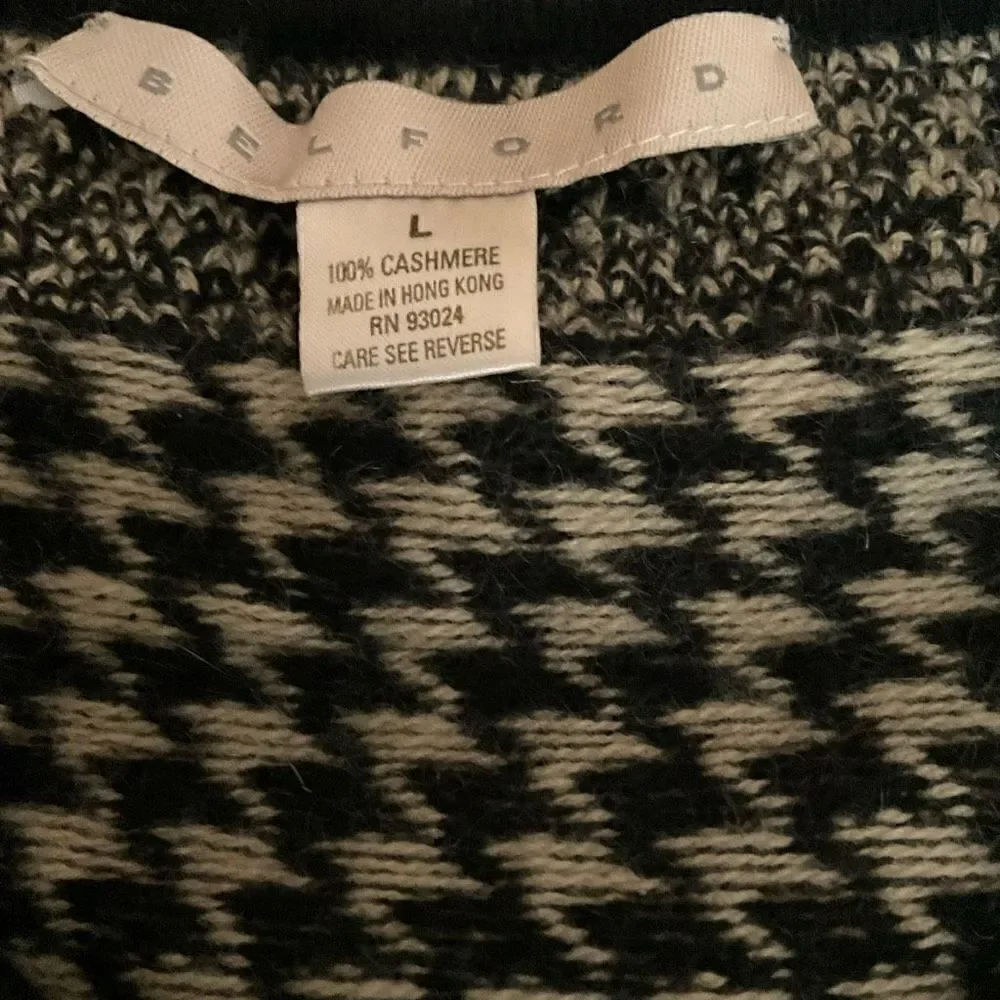 Belford Cardigan Cashmere Black Tan Houndstooth Loop Fringe Trim Zip Front Large